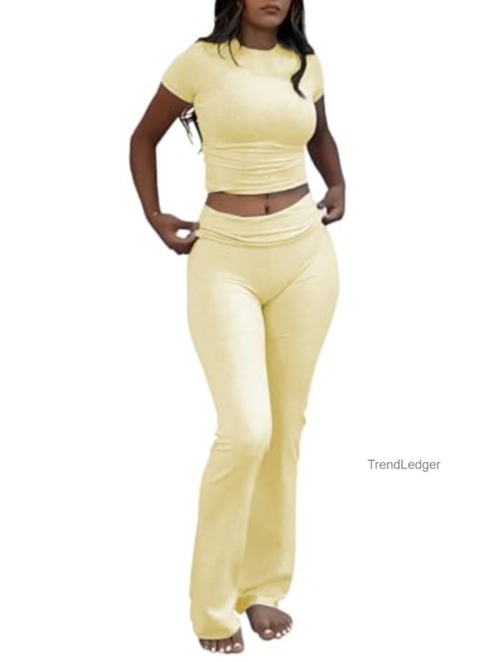 2 Piece Lounge Set Low Rise Flare Leggings Short Sleeve Top Soft Stretchy Yoga